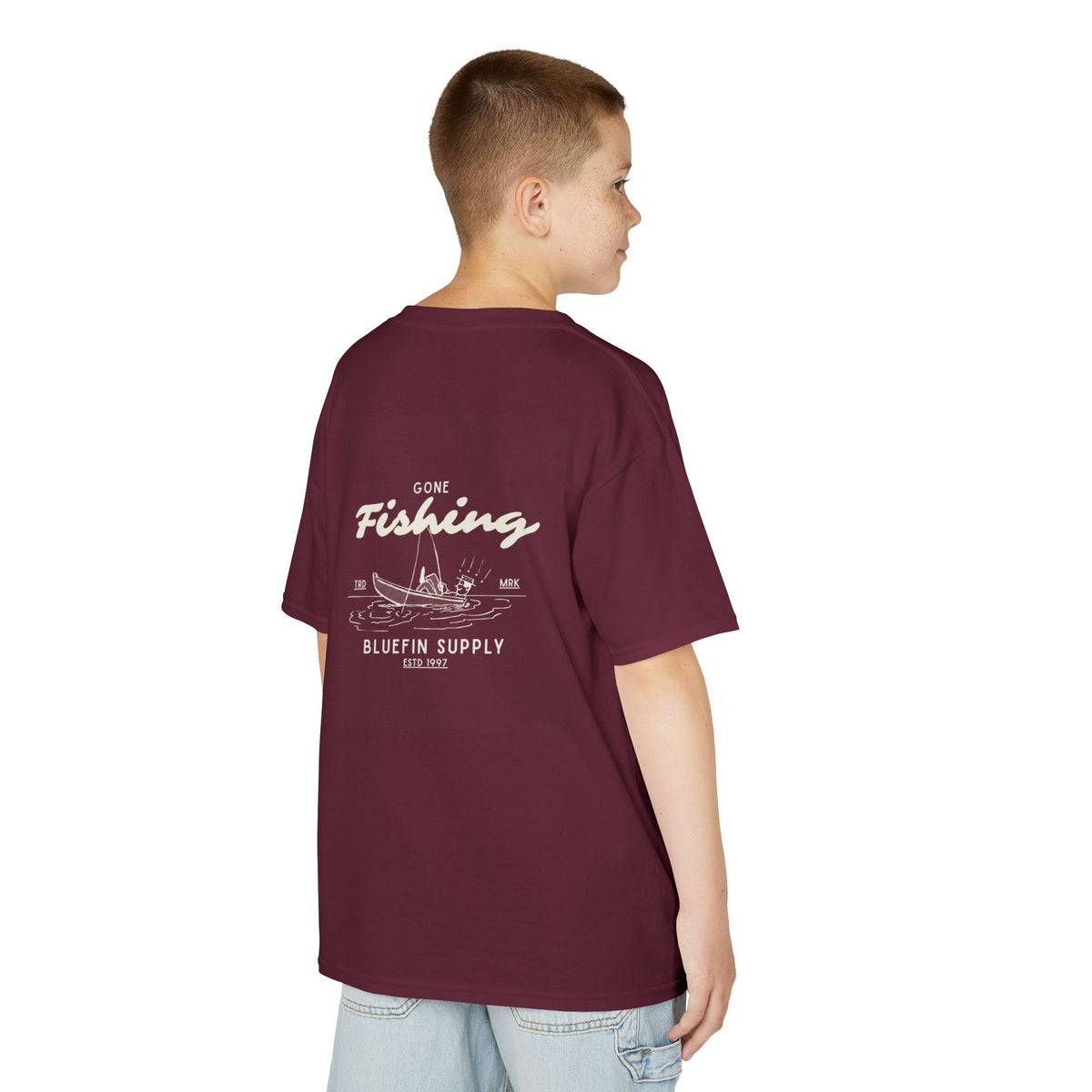 Kids Fishing Tee — "Gone Fishing" Boat Graphic Kids Shirt