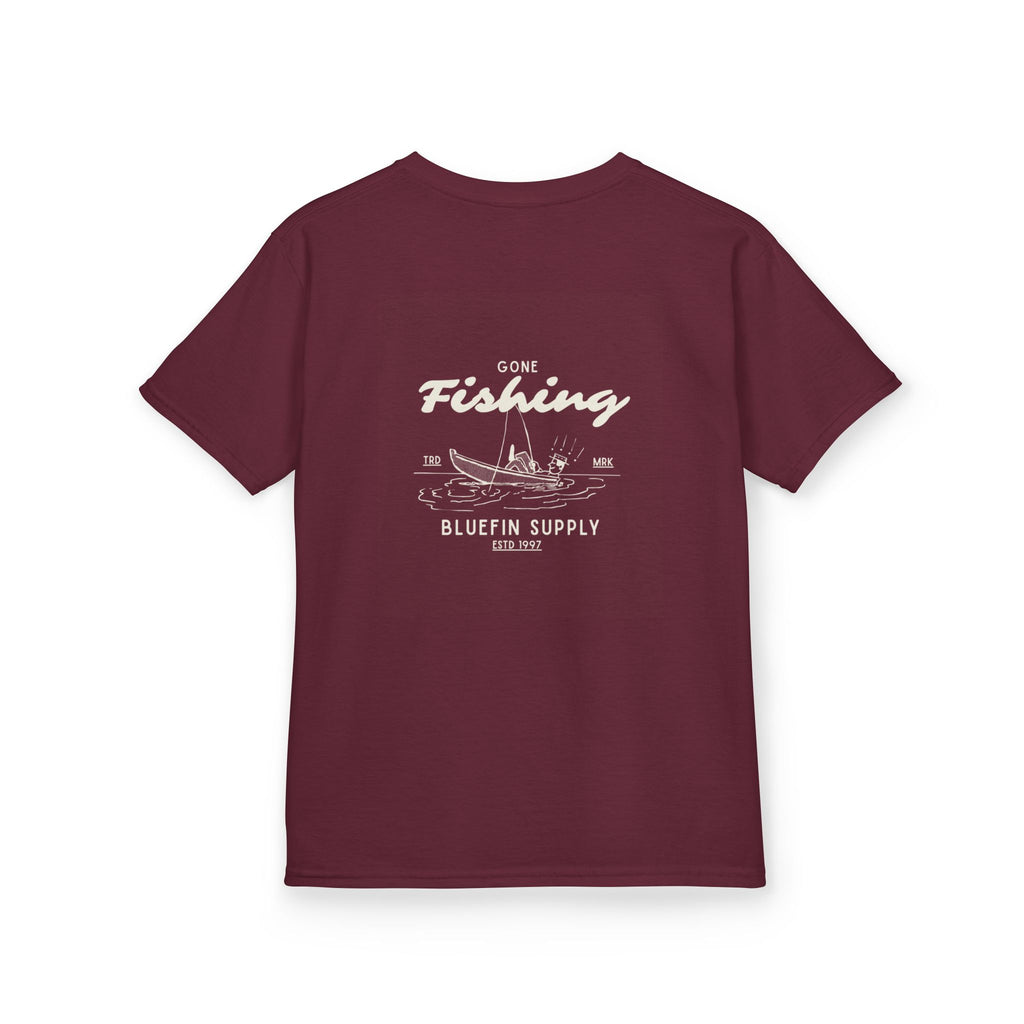 Kids Fishing Tee — "Gone Fishing" Boat Graphic Kids Shirt
